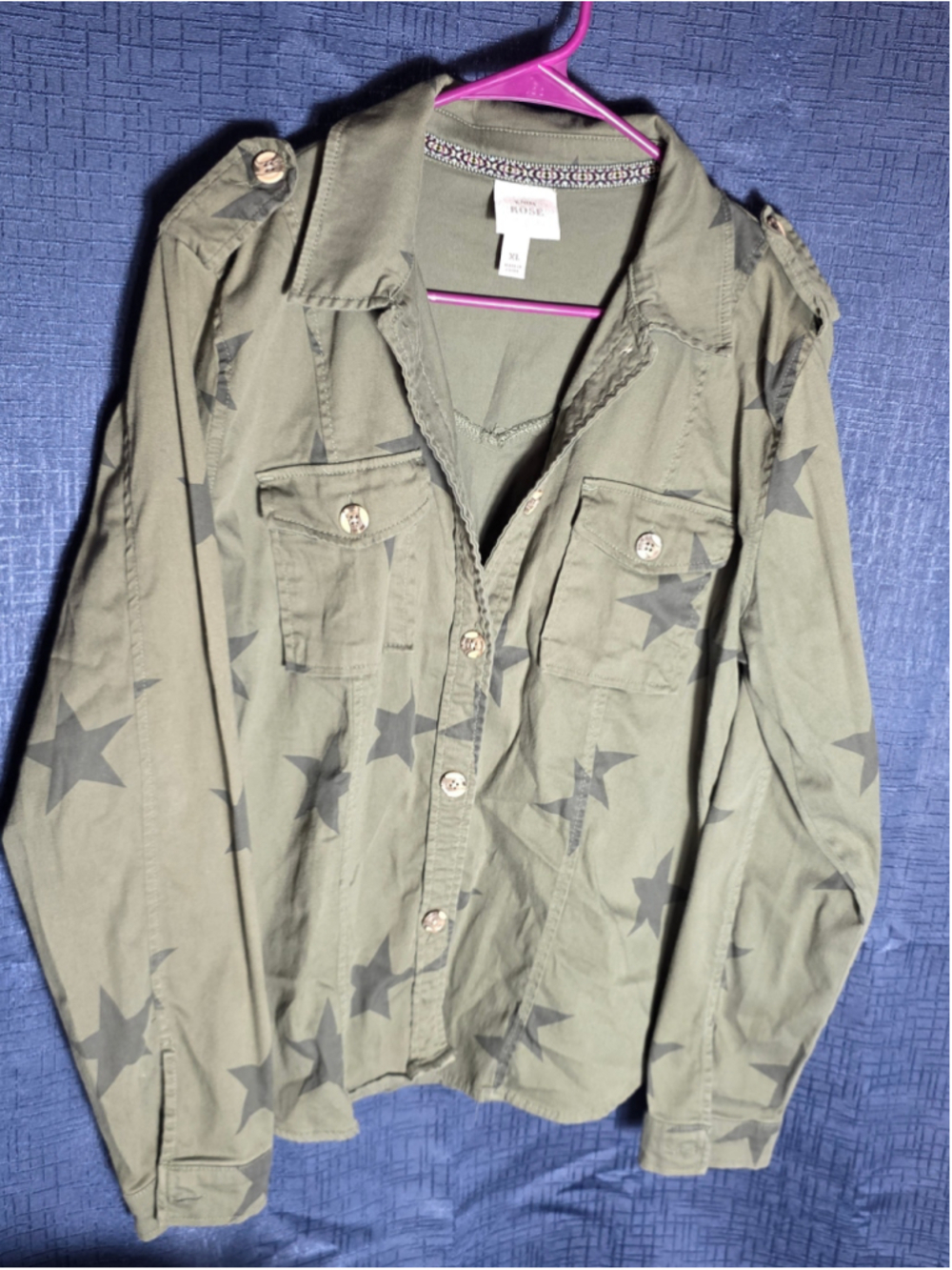 Women's Knox Rose Olive Green Star Print Utility Jacket XL rock y2k 90's - Picture 3 of 9
